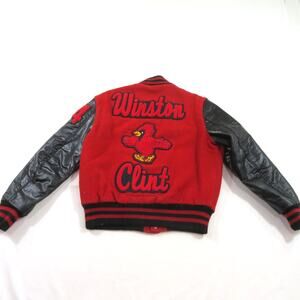 Wool Blend Letterman Jacket Patches Winston Clint Red Black DeLong Sz 18 1990s